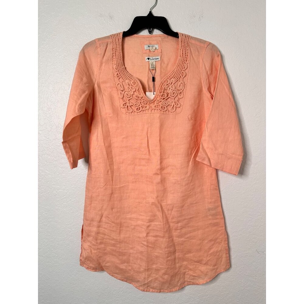 MALVIN Hamburg  Women's Germany Embroidered‎ LINEN Tunic Dress L Peach Pink NWT